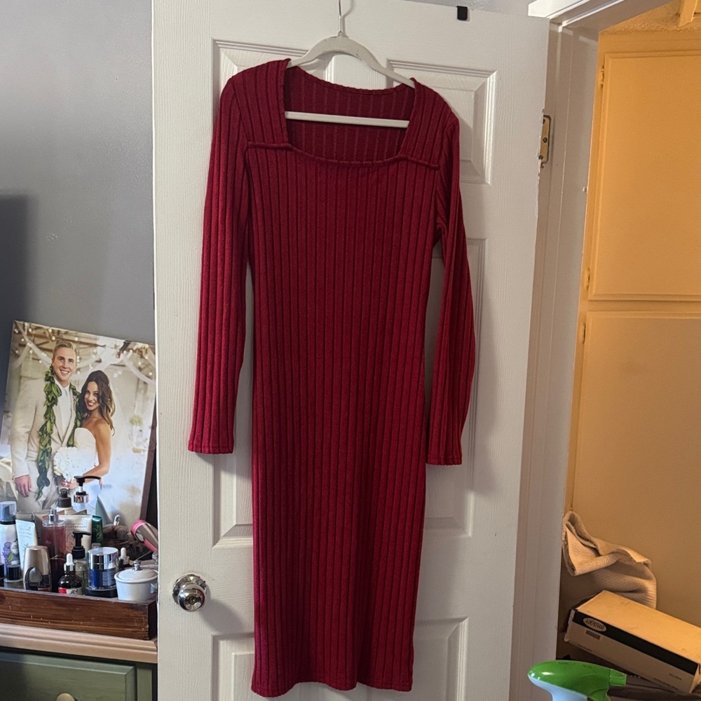 Red Ribbed Long Sleeve Knit Dress - Women